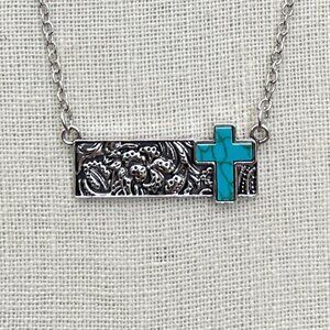 Bar Necklace with Faux Turquoise Cross